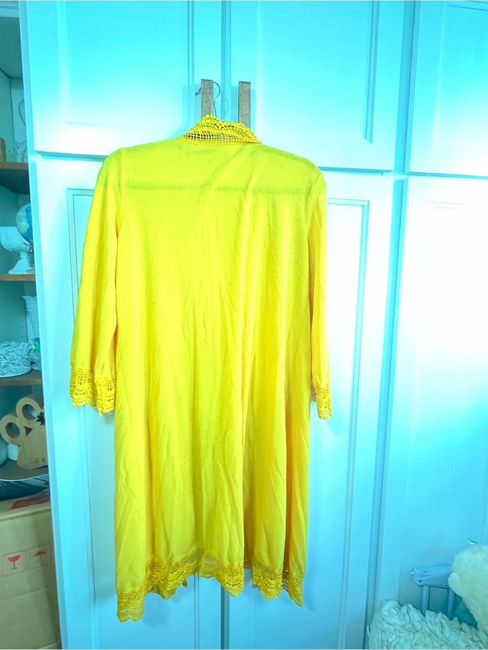 Tickled Teal Mustard Yellow Crochet-Trim Open Cardigan - Picture 2 of 3